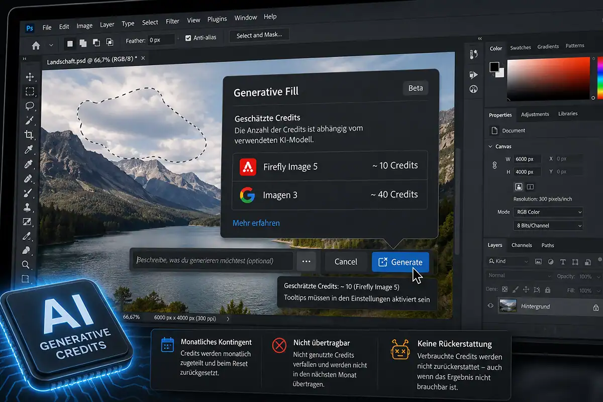 Adobe zeigt KI-Credit-Kosten in Photoshop jetzt vor der Generierung an