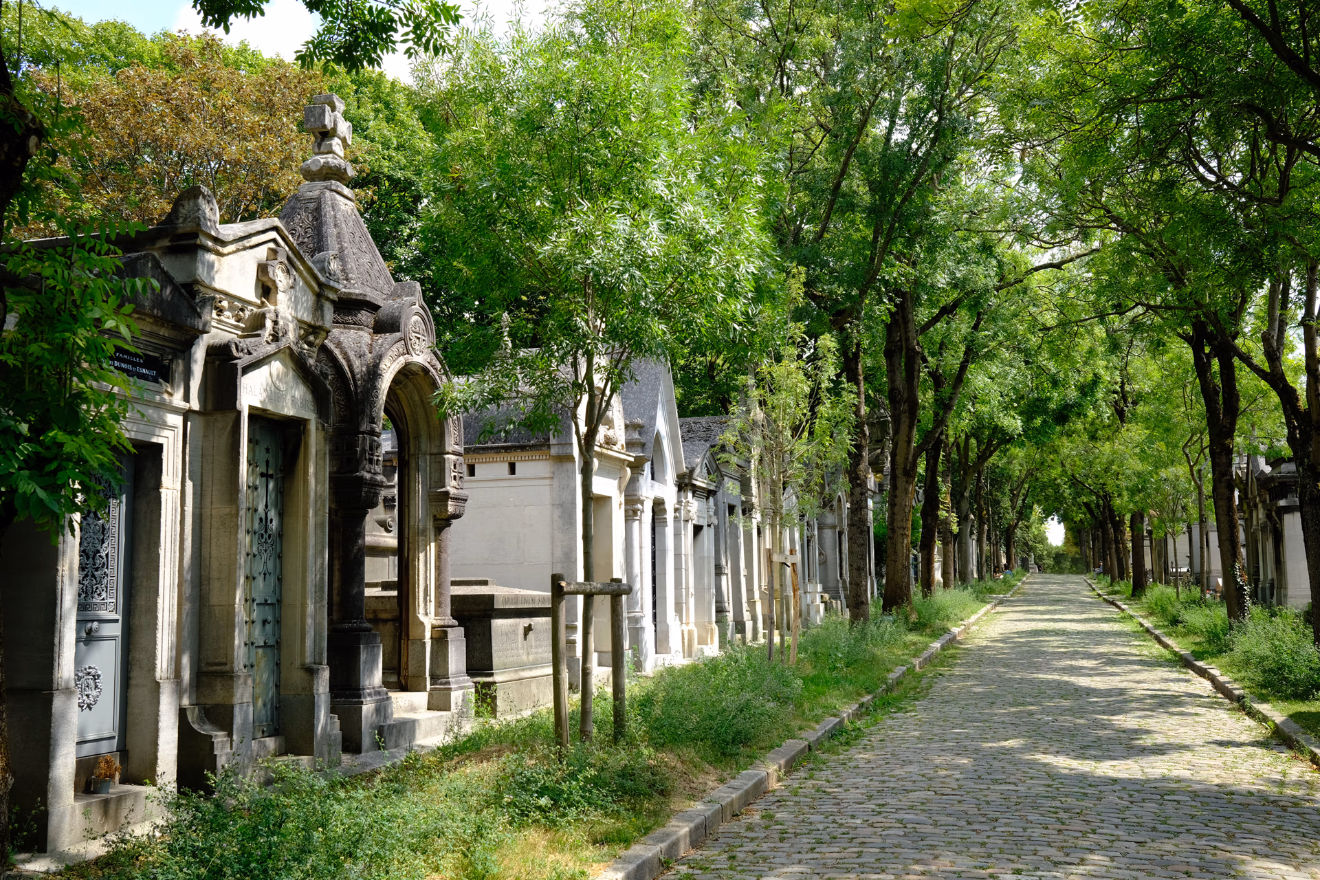 Friedhofsallee in Paris mit historischen Grabkapellen unter alten Bäumen