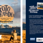 Buchcover "Foto-Eskapaden Norditalien" mit Berglandschaft und Fotografin