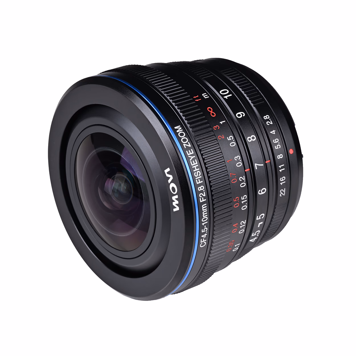 Ein LAOWA CF4.5-10mm F2.8 Fisheye Zoom Objektiv mit Fokus- und Blendenringen.
